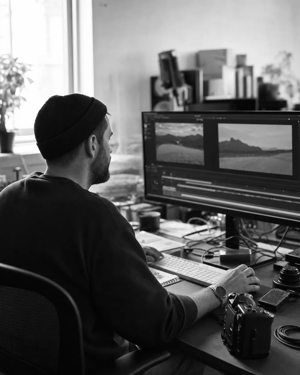 Editor shaping motion at a studio workstation