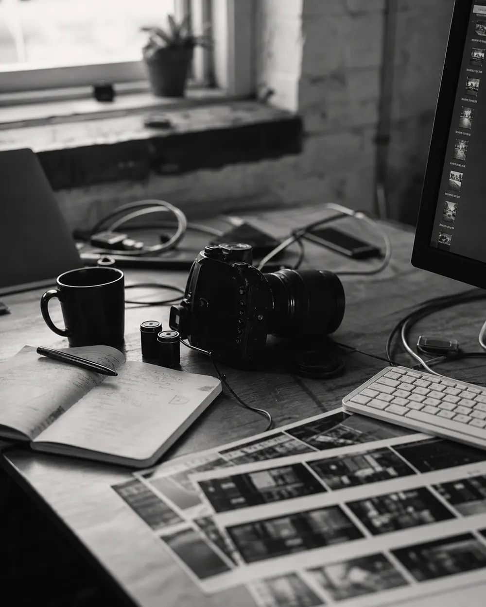 Camera, storyboard and editing tools on a studio workbench