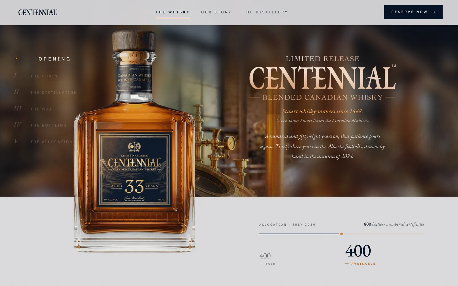 Centennial’s website: the Centennial 33 bottle beside its wordmark, the allocation of 800 bottles under it.