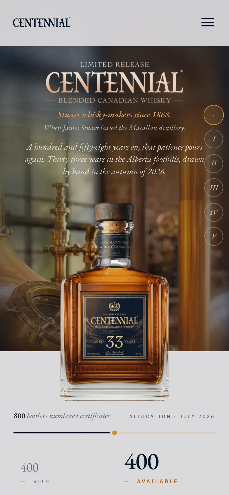 Centennial’s website on a phone, the release of the 33-year whisky open.