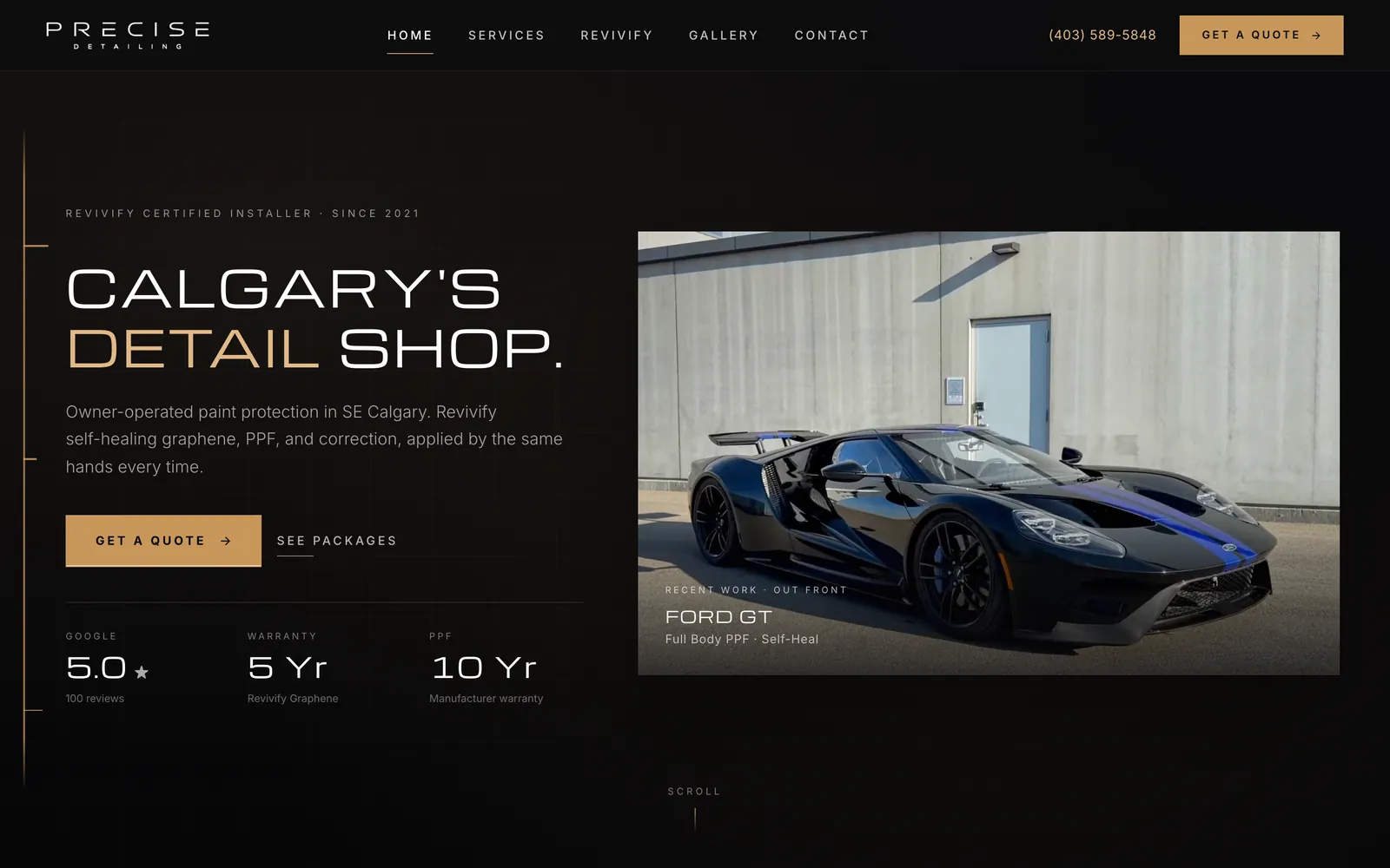 Precise Detailing’s website: Calgary’s detail shop, a Ford GT in full body PPF beside it.