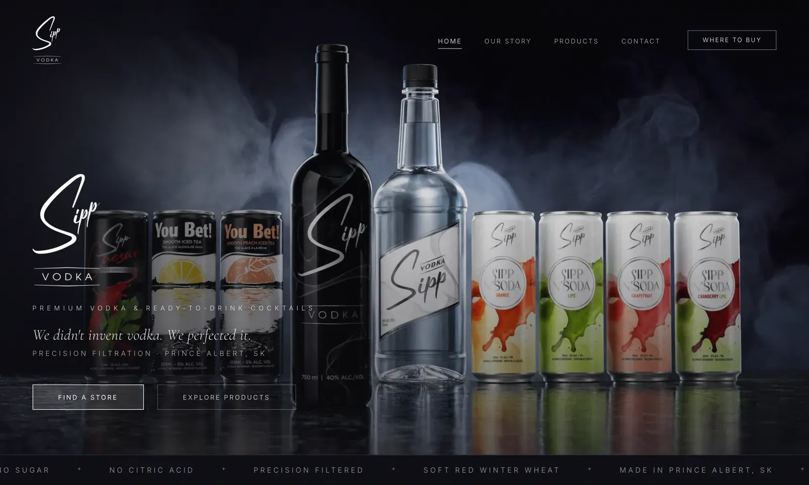 Sipp’s website: the Sipp bottles and the four cans of Sipp N’Soda over smoke.