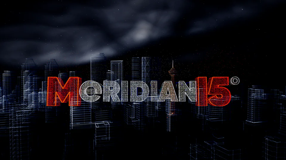 The Meridian15 wordmark drawn in particles over a city.