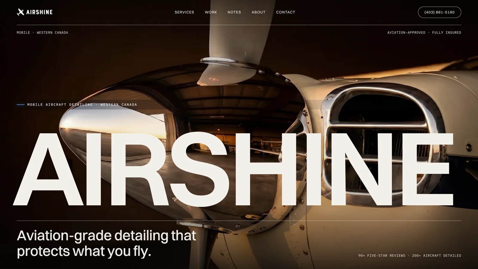 The Airshine homepage on a desktop: Aviation-grade detailing that protects what you fly.
