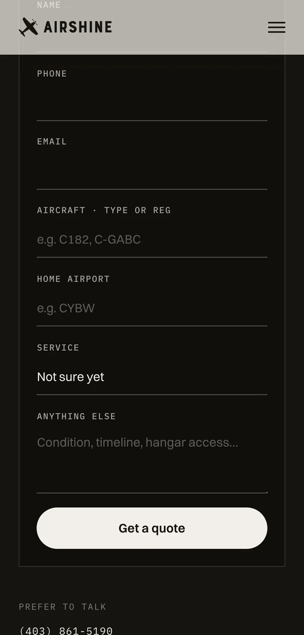 The Airshine quote form on a phone, asking for the aircraft type or registration.