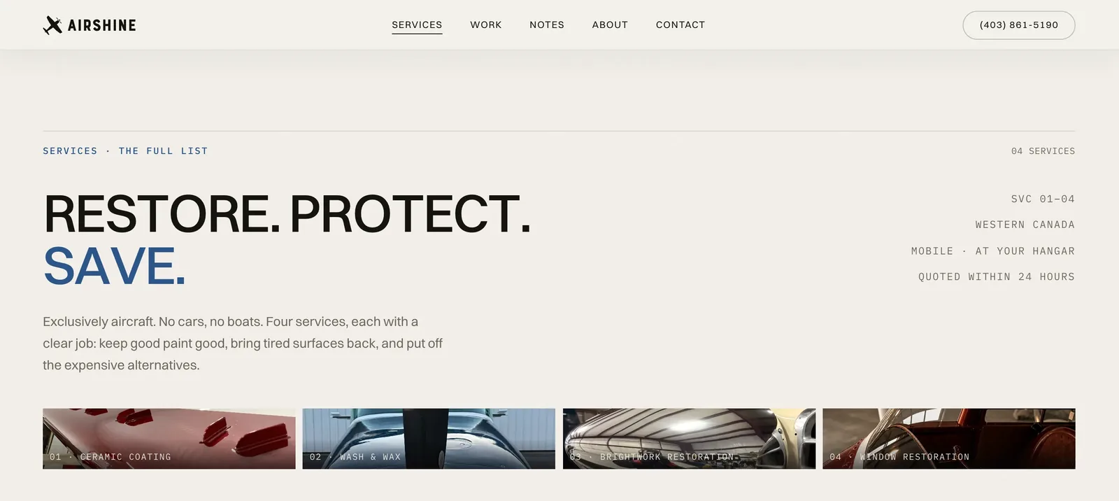 The Airshine services page, four treatments in a row under Restore. Protect. Save.