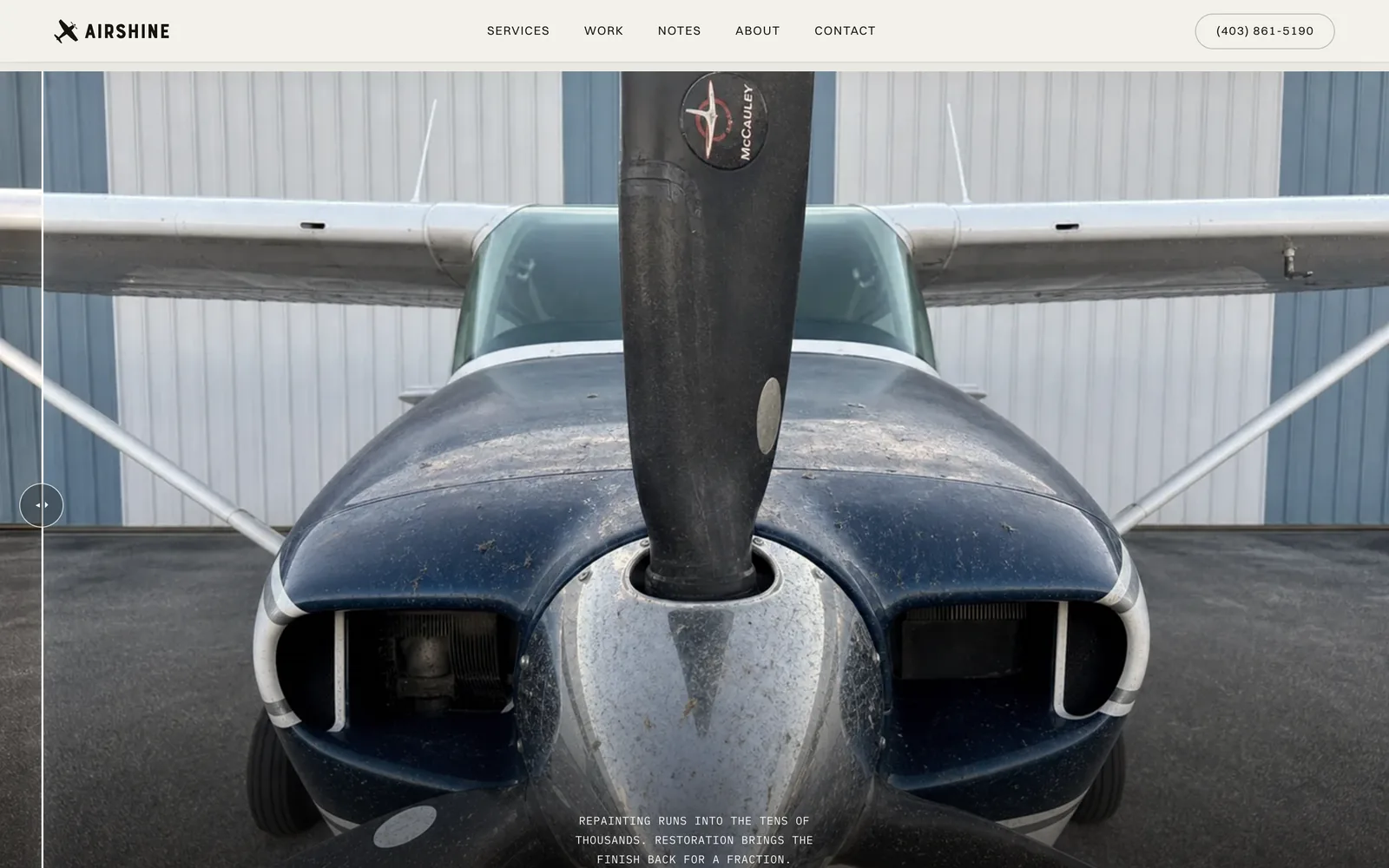 A polished propeller and spinner in the hangar, from the Airshine homepage.