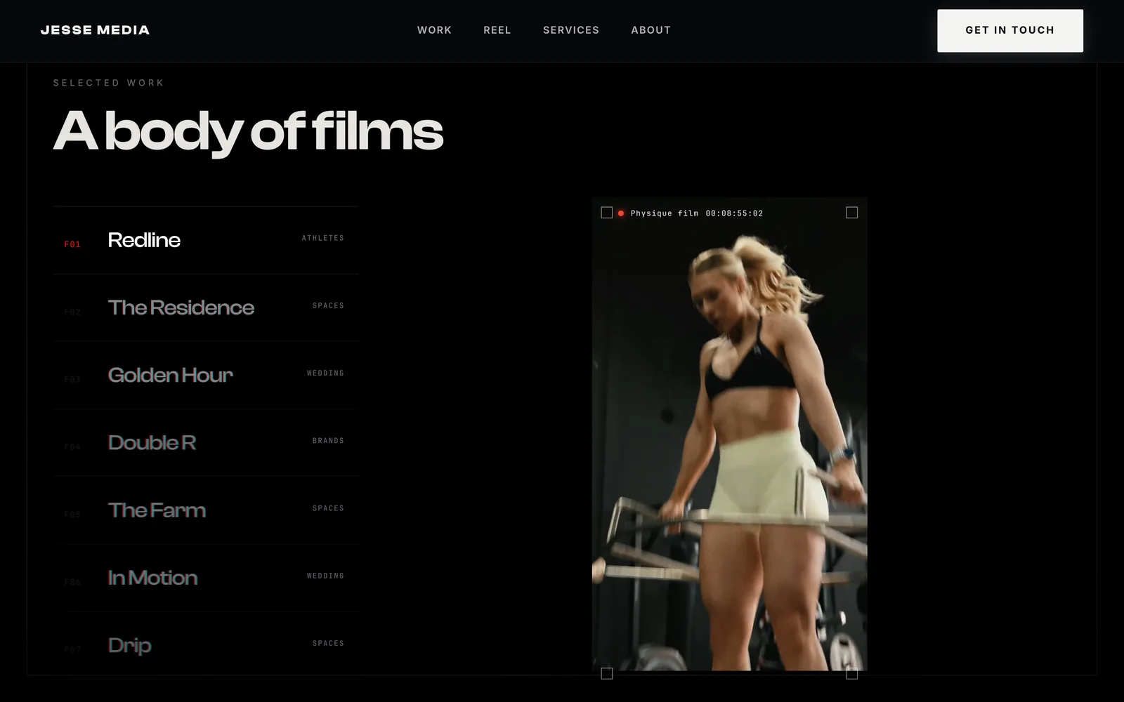 A body of films on the Jesse Media site, a numbered list of projects beside one playing frame.