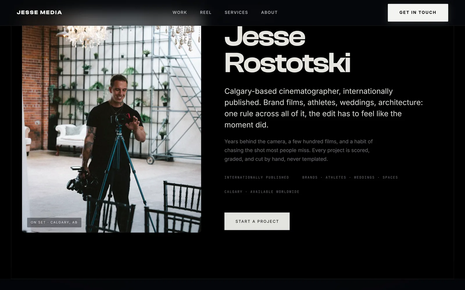 The filmmaker profile on the Jesse Media site, Jesse Rostotski with his camera rig.