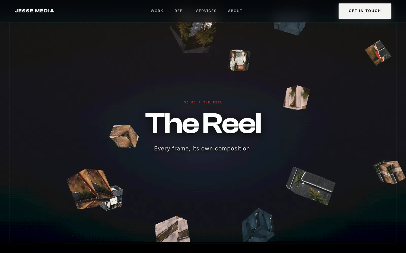 The Reel on the Jesse Media site, its film stills turning on cubes around the title.