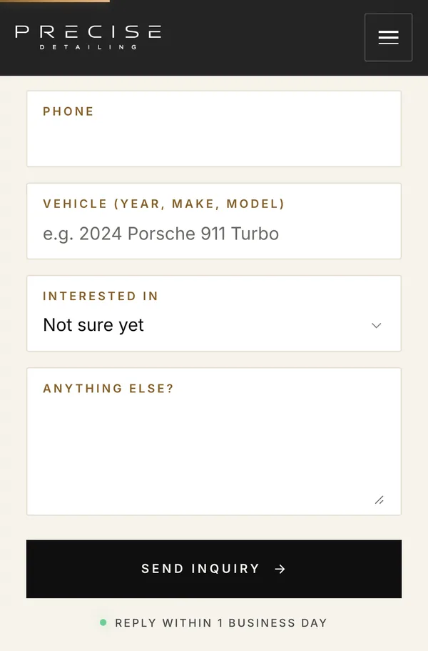The Precise Detailing quote form on a phone, asking for the vehicle and the service.