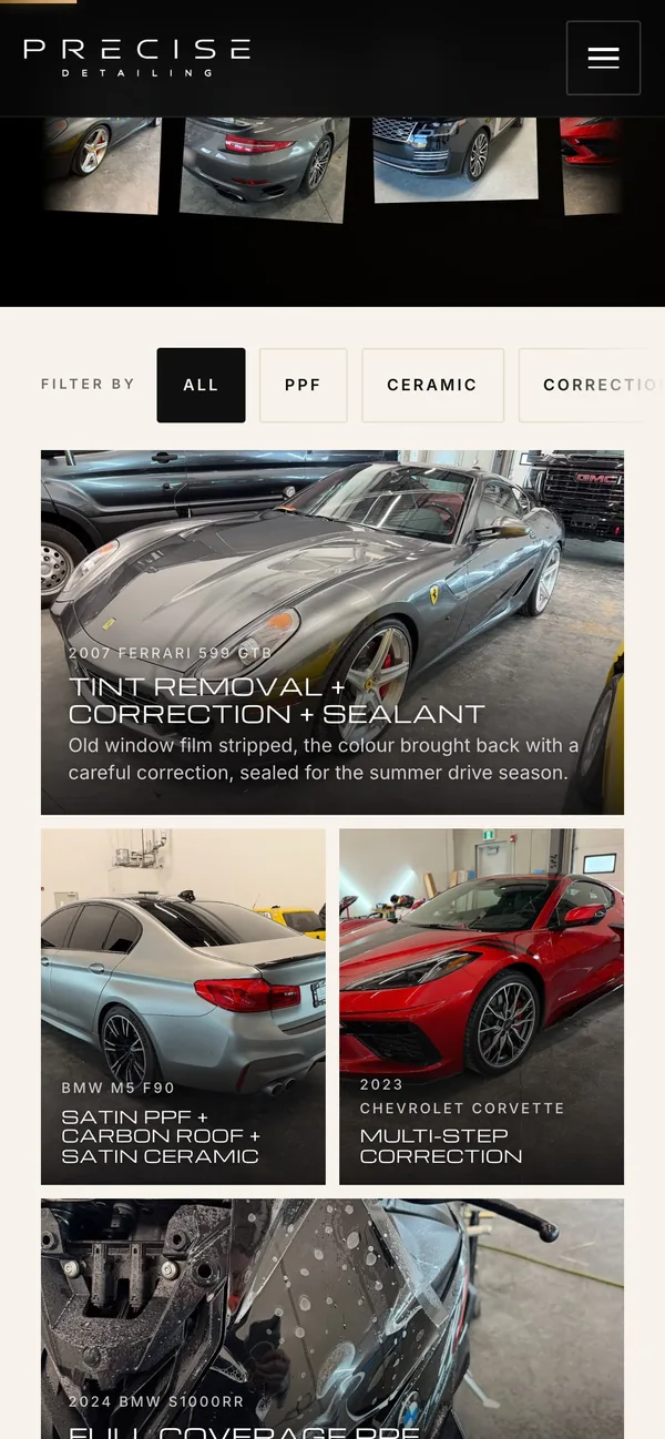 The Precise Detailing gallery of recent jobs on a phone.