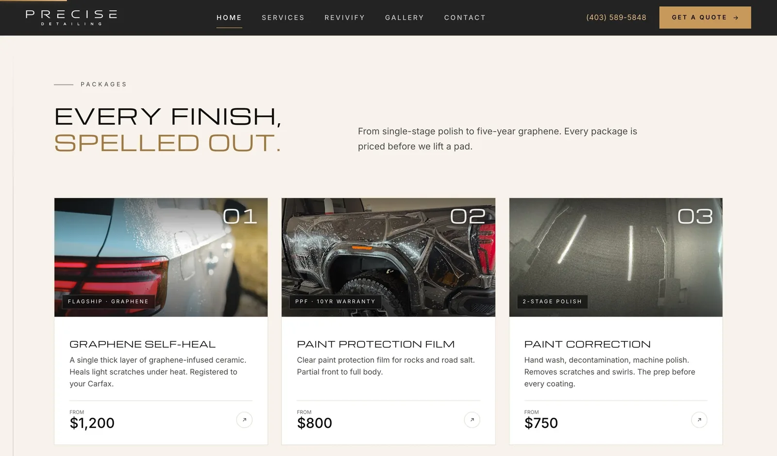 The protection-first service cards on the Precise Detailing site, each with its price.