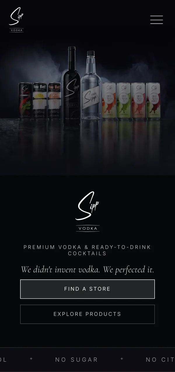 The Sipp Vodka homepage on a phone, with Find a Store and Explore Products under the bottles.
