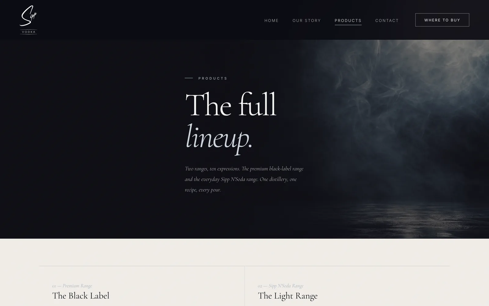 The Sipp Vodka products page, The full lineup, with the black label and light ranges.