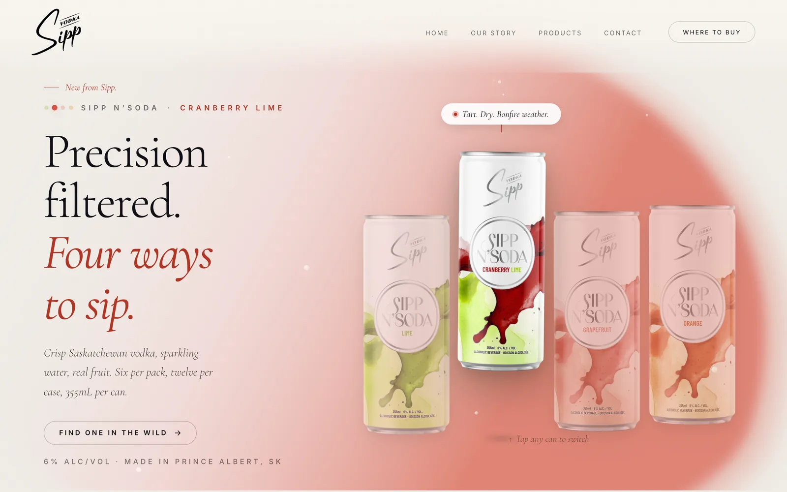The Sipp N’Soda launch page, four cans with Cranberry Lime selected.