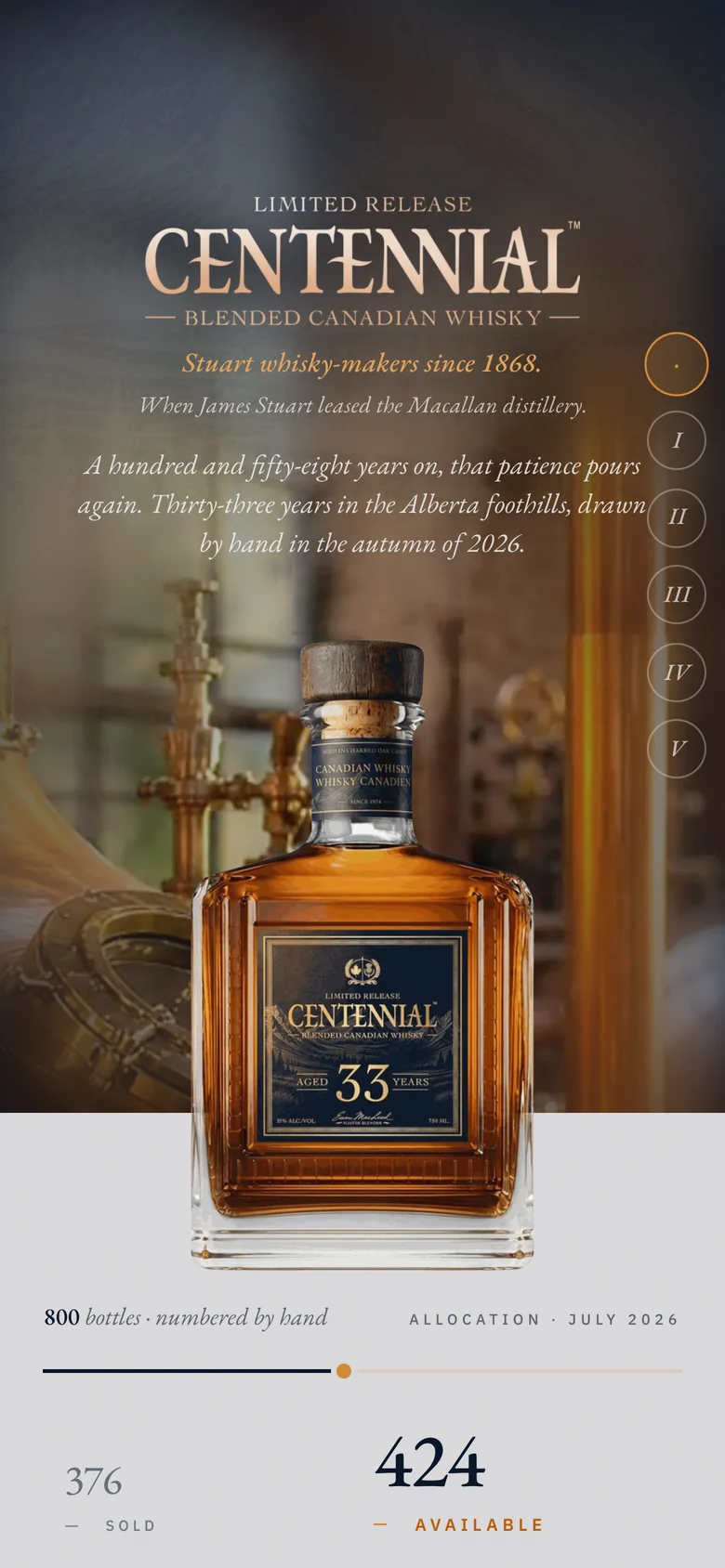 The Centennial 33 launch page on a phone, with the bottle and how many are left.