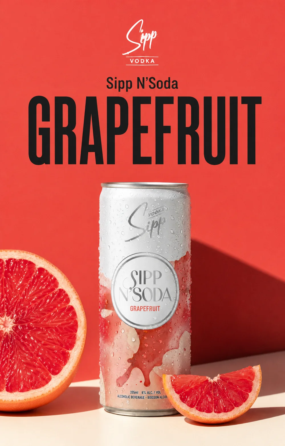 Sipp N'Soda Grapefruit ad, the can beside a cut grapefruit.