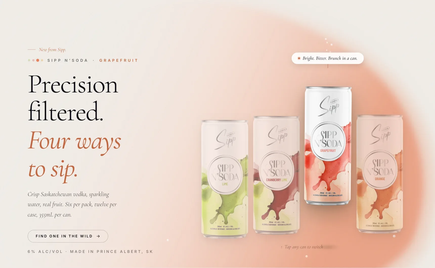 The Sipp N'Soda page on sippvodka.ca with the four flavours, Grapefruit in front.