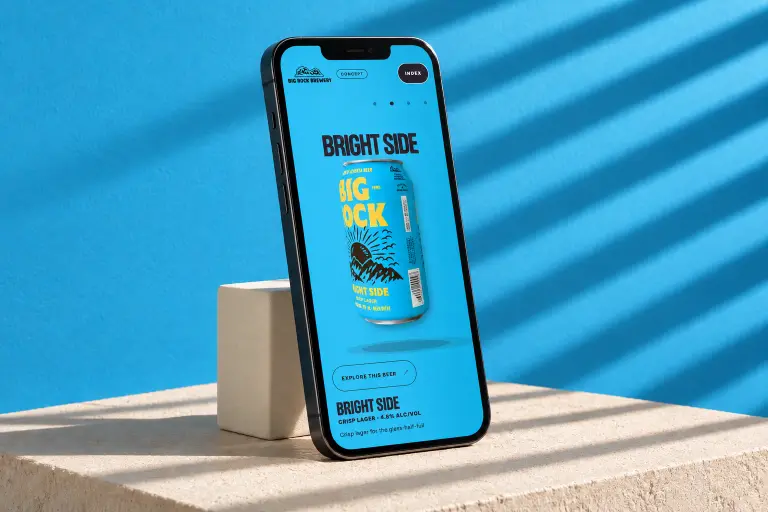 The Big Rock Brewery concept site on a phone, on a blue set