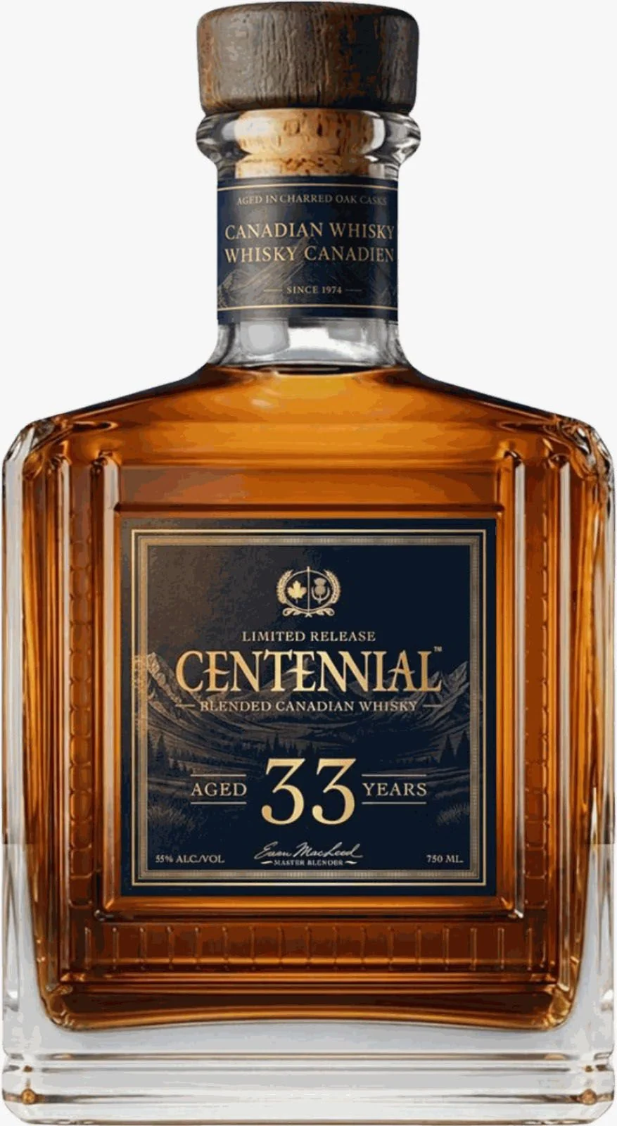 The Centennial 33 bottle, its navy label with the crest at the head and Limited Release, Centennial, Blended Canadian Whisky, Aged 33 Years in gold over an engraving of the mountains.