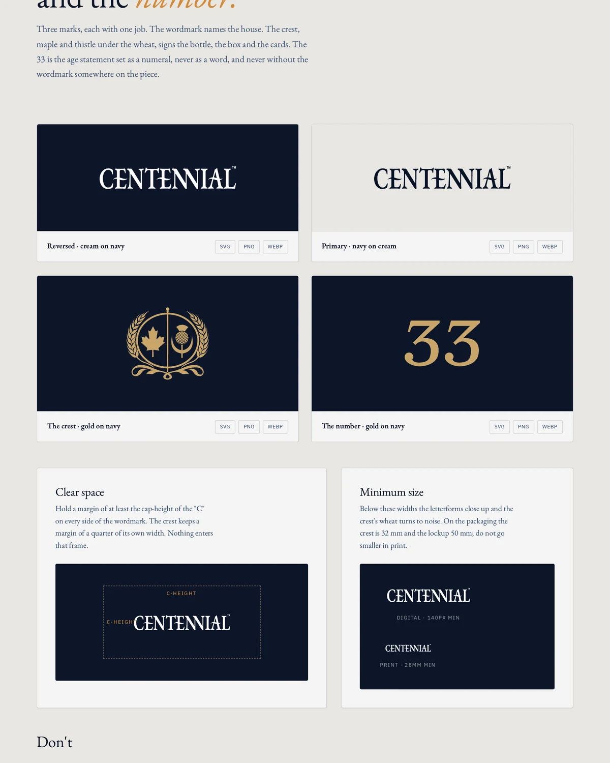 The marks page of the Centennial brand guide, with the wordmark reversed and on cream, the crest and the 33 in gold on navy, its clear space and its minimum size.