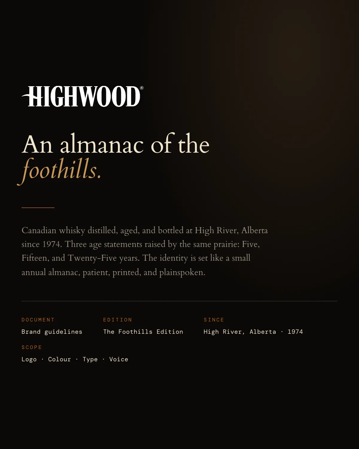 The cover of the Highwood brand guide, with the wordmark, An almanac of the foothills, and the paragraph that sets out the identity.