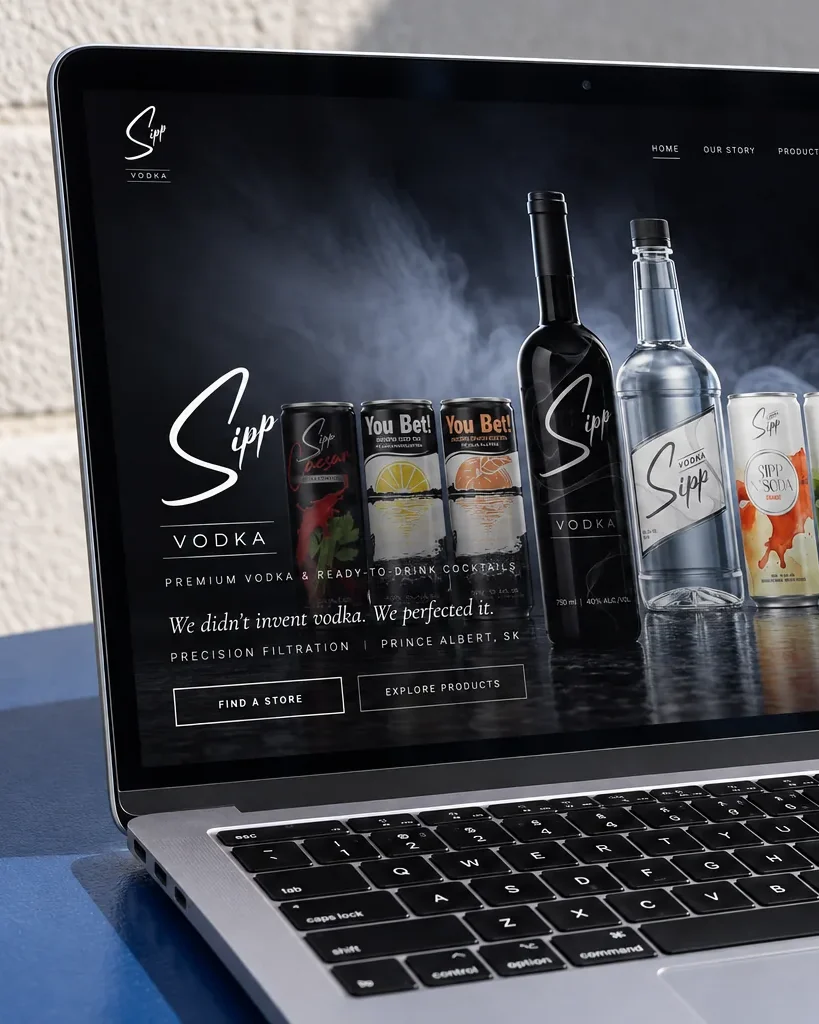 Sipp's website open on a laptop, the Sipp lockup in white at the head of the page and again, large, beside the bottles and cans of the range.