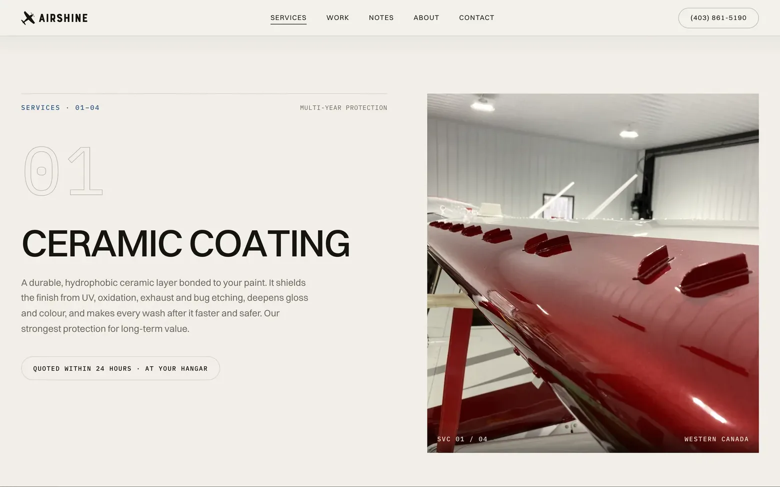 The Airshine ceramic coating page on airshine.ca, a red aircraft in a hangar beside what the coating does