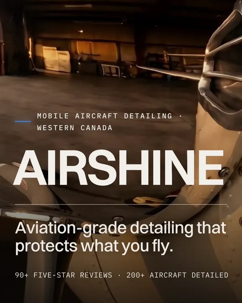The Airshine homepage on a phone, Aviation-grade detailing that protects what you fly, with 90+ five-star reviews and 200+ aircraft detailed