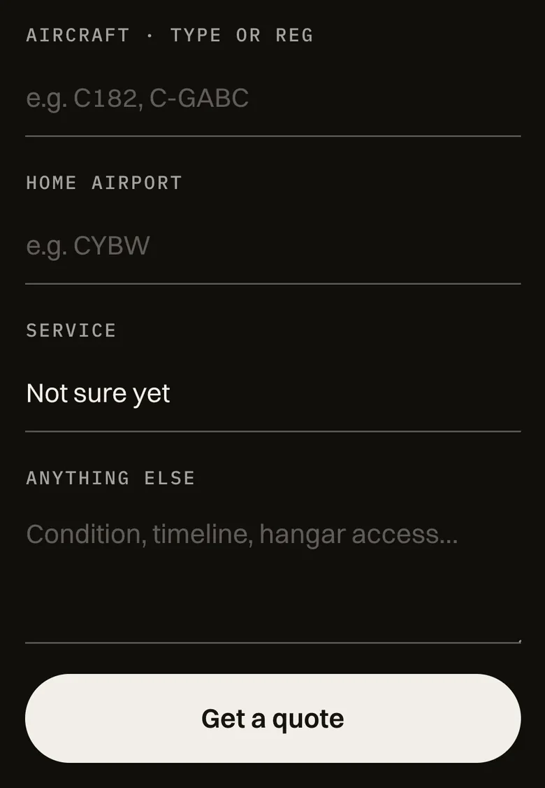 The Airshine booking form on a phone, asking for the aircraft type or registration and the home airport