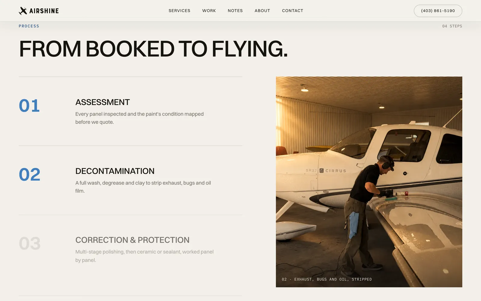 The Airshine process section on airshine.ca, From booked to flying, with a detailer at work on a white aircraft