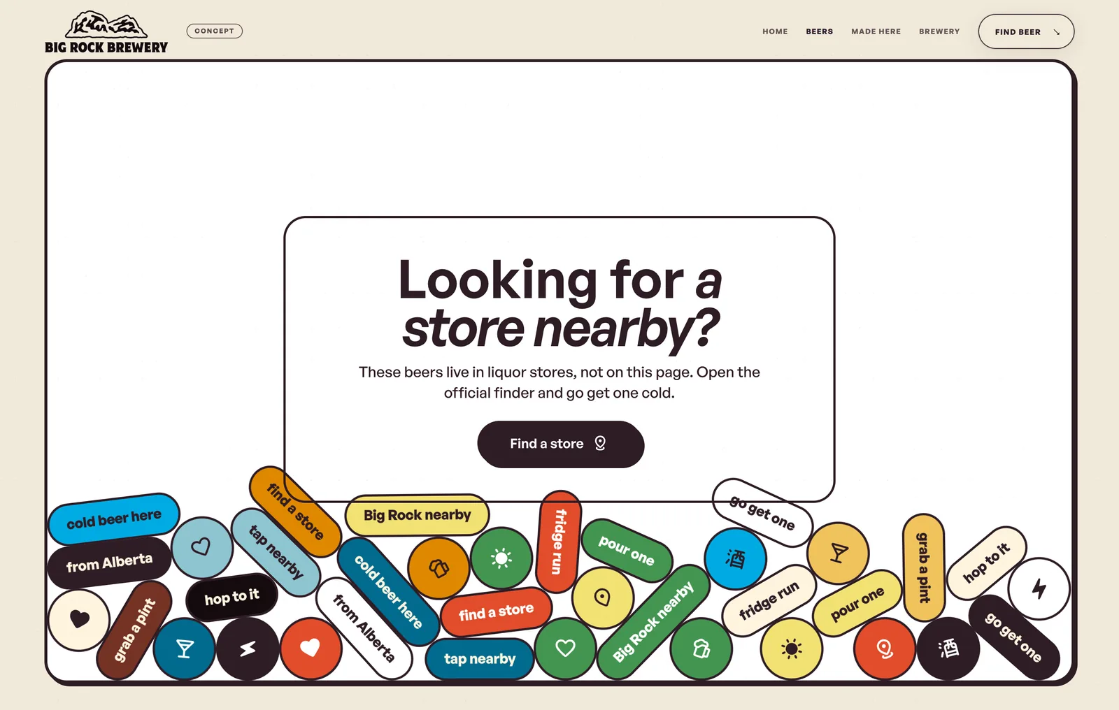 The beer finder from the Big Rock redesign concept, Looking for a store nearby, under a pile of coloured tags