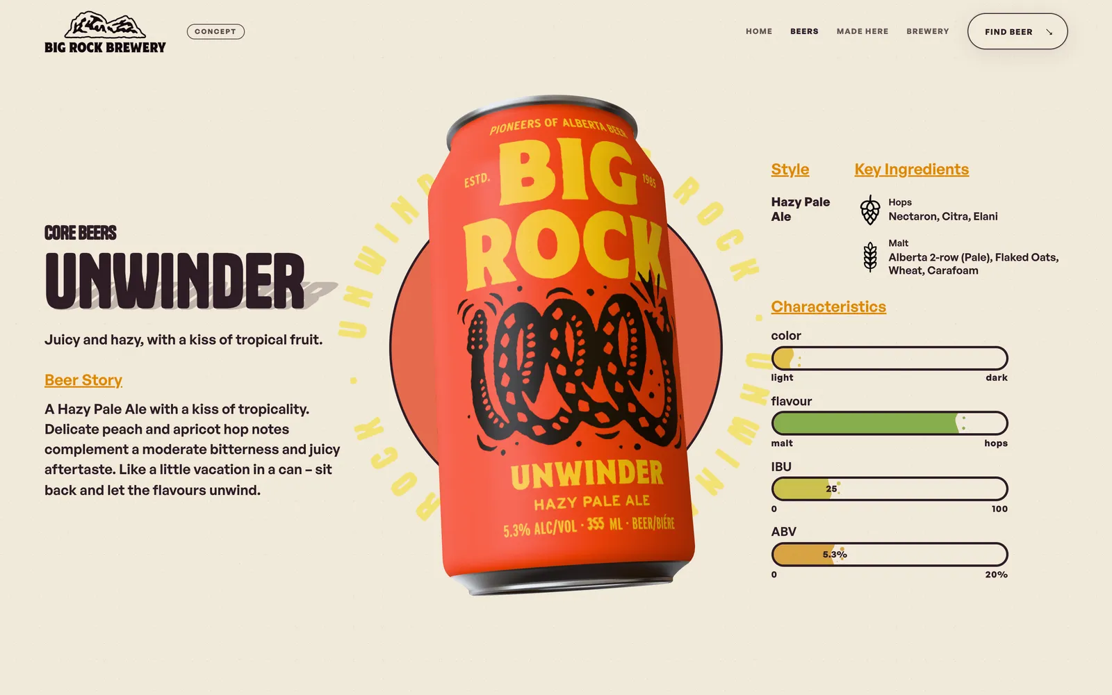 The Unwinder page of the non-commercial Big Rock Brewery concept, the can beside its style, ingredients and characteristics