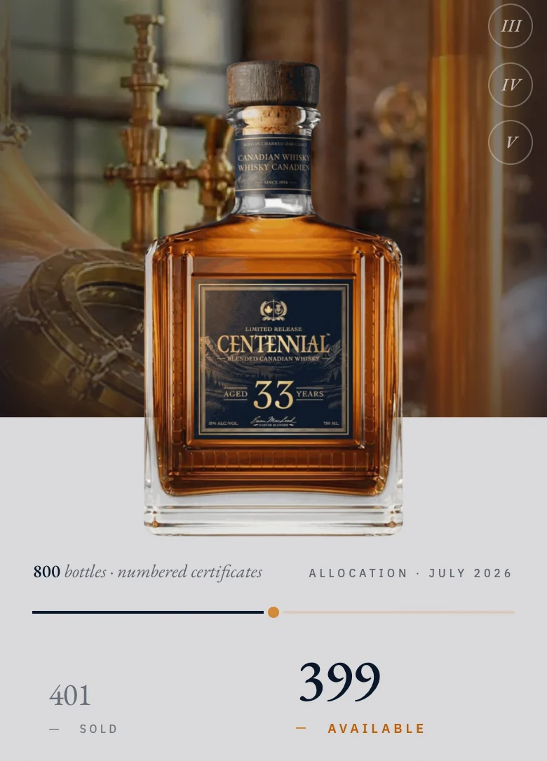 The Centennial 33 release page on a phone, the bottle above the count, 401 sold and 399 available