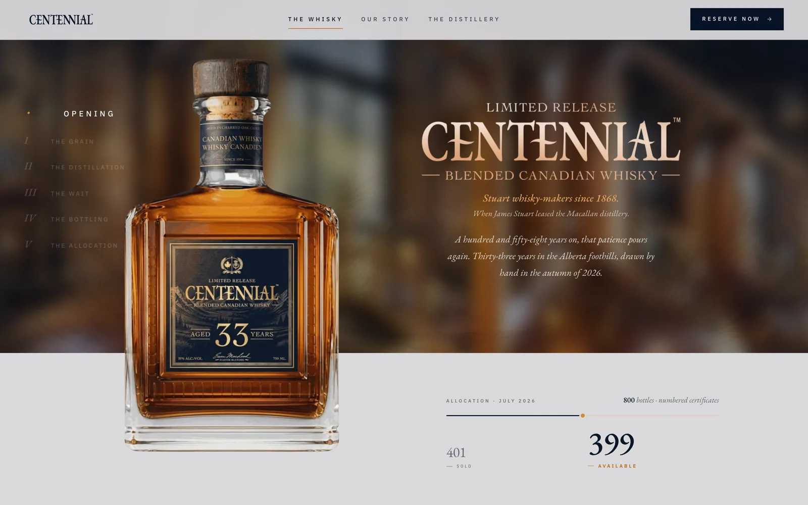 The Centennial 33 release page on centennial-whisky.com, the bottle beside the allocation and the number of bottles still available