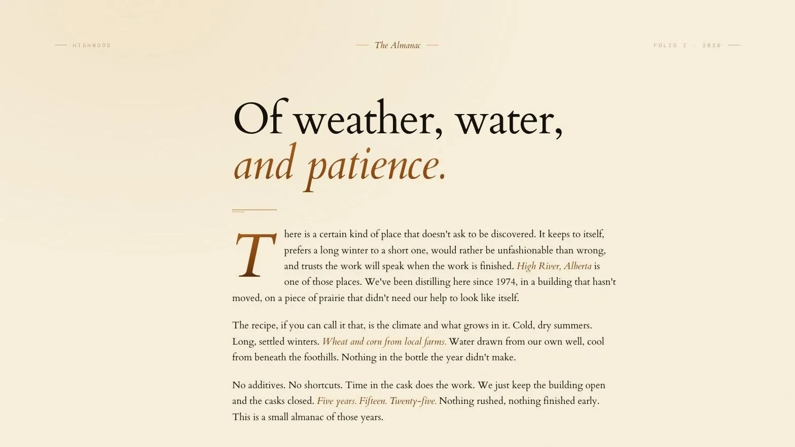 The Highwood whisky site, Of weather, water, and patience, the distillery story set as a letter