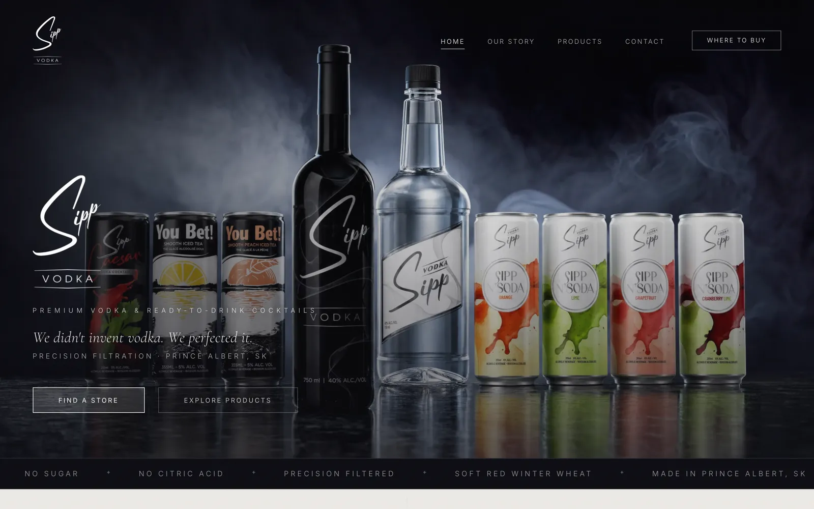 The Sipp vodka homepage, the bottles and the ready-to-drink cans with Find a store on the first screen