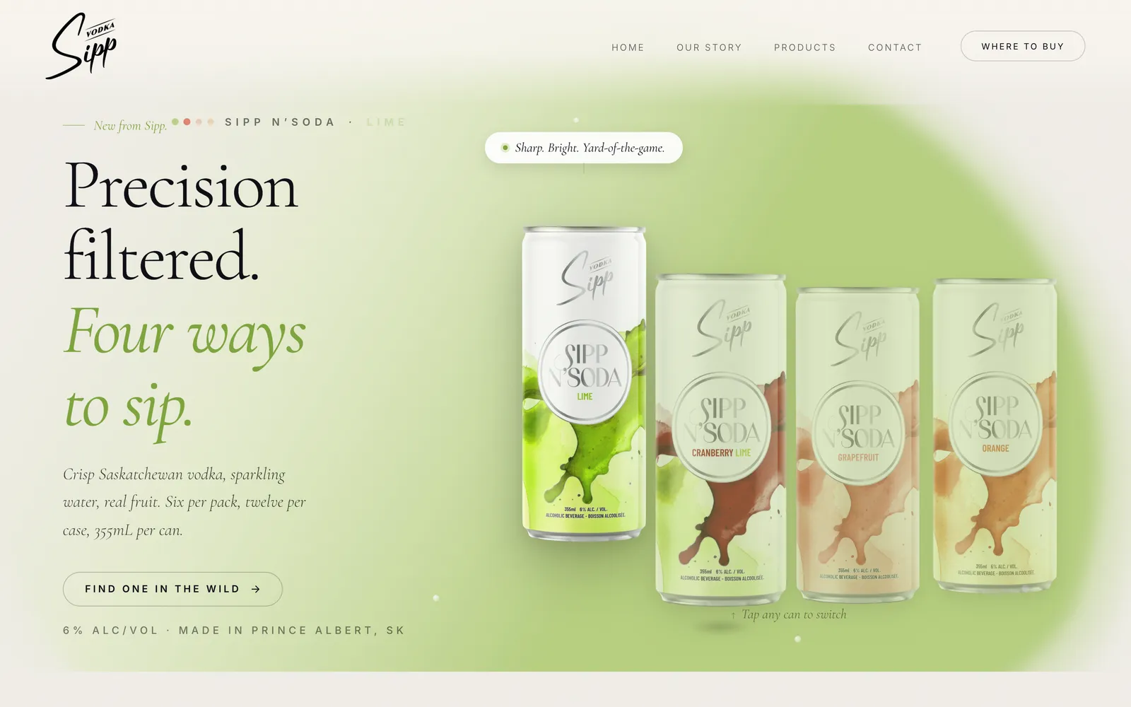 The Sipp N’Soda launch page, four canned flavours with Find one in the wild, client work by Meridian15