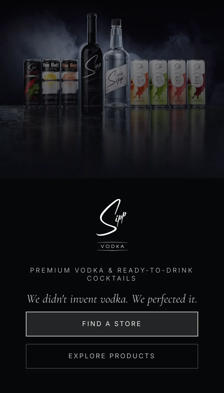 The Sipp vodka homepage on a phone, the bottles and the cans above Find a store and Explore products