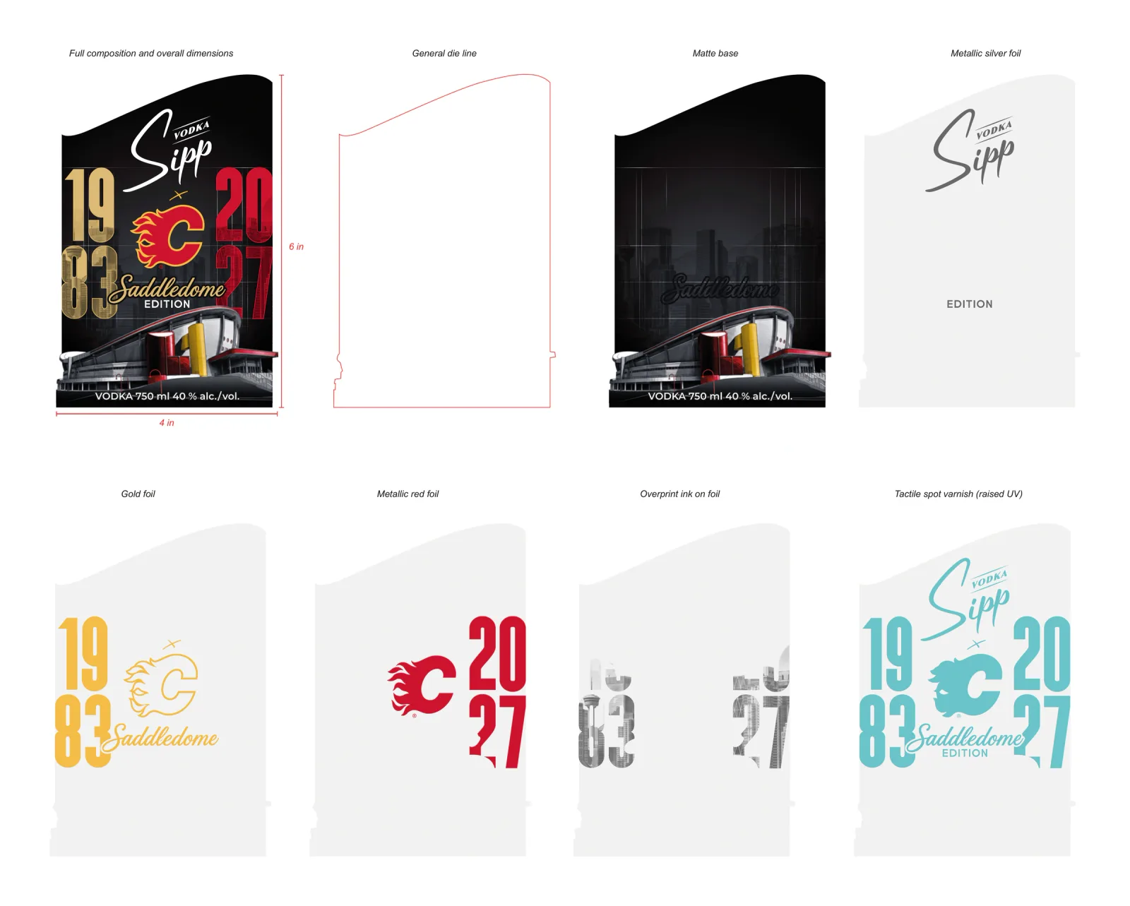 The print file of the Sipp Vodka Saddledome Edition label in eight plates: the full label, its die line, the matte base, silver, gold and red foil, ink over the foil and a raised spot varnish