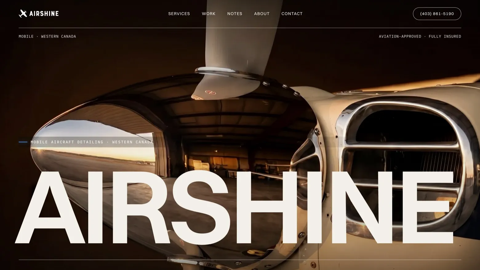 The Airshine homepage, the Airshine wordmark over a polished aircraft in a hangar, mobile aircraft detailing in Western Canada