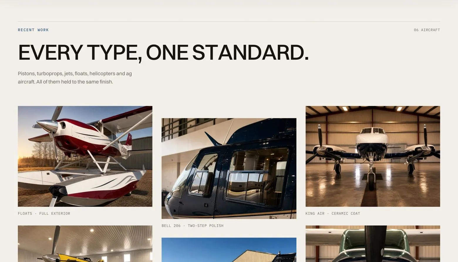 The Airshine site: every type, one standard, floats, jets, helicopters and pistons held to the same finish