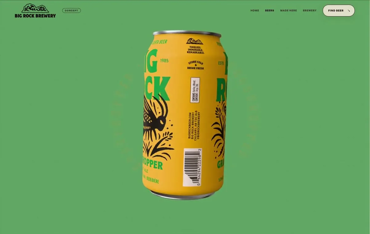 The Grasshopper page of the non-commercial Big Rock Brewery concept, the can on green at billboard size