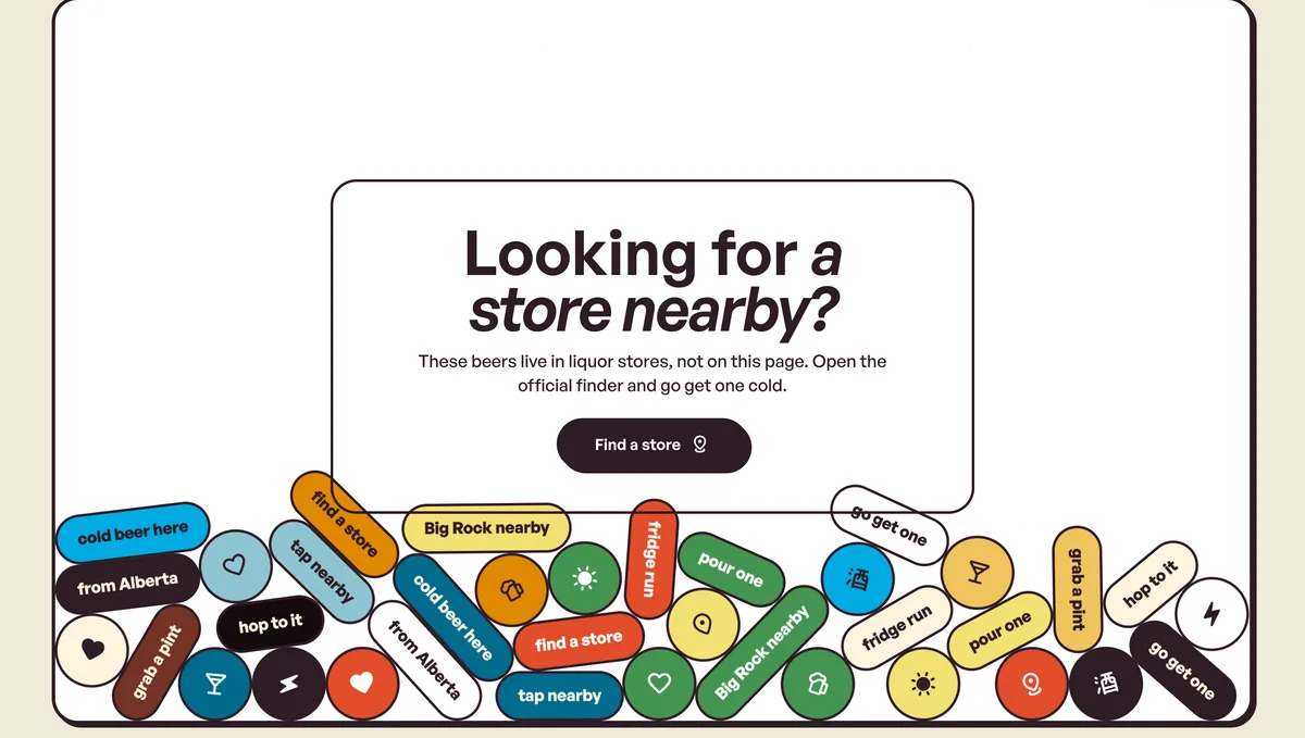 The store finder of the non-commercial Big Rock Brewery concept, Looking for a store nearby, under a pile of tags
