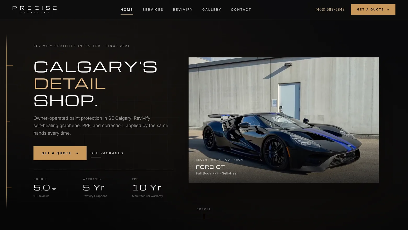 The Precise Detailing homepage, Calgary's detail shop, a supercar in the studio and the shop's ratings