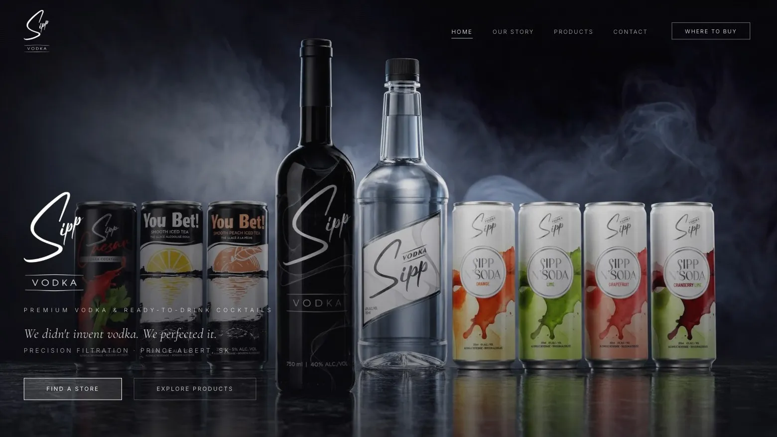 The Sipp vodka homepage, the bottles and the four N’Soda cans in smoke, with Find a store on the first screen, built by Meridian15