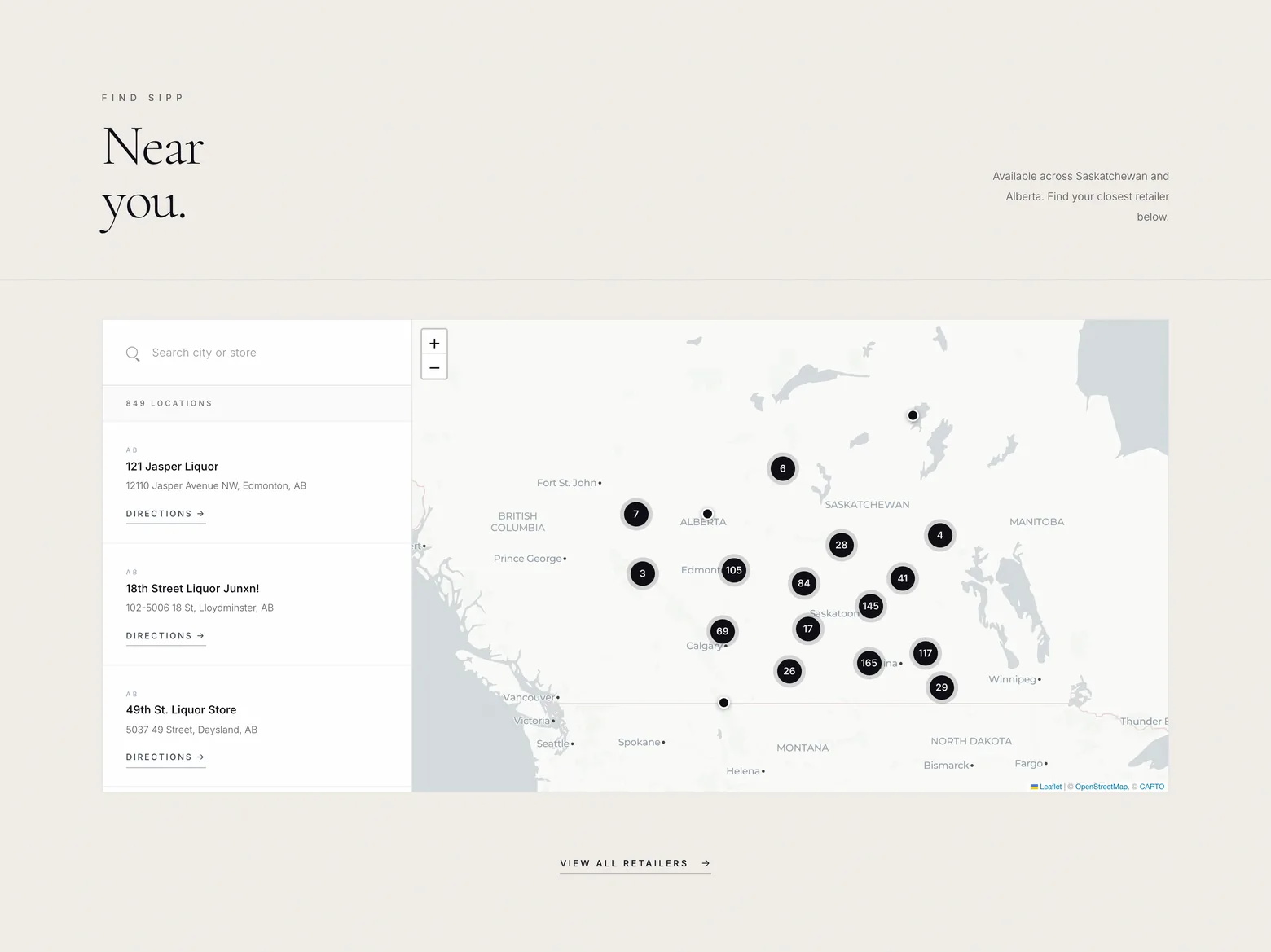 The Sipp store finder, Find Sipp near you, the retailer list beside a map of Saskatchewan and Alberta