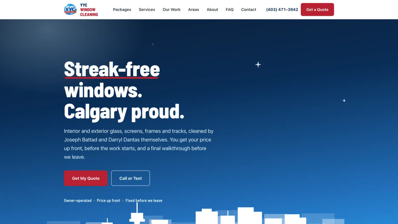 The YYC Window Cleaning homepage, Streak-free windows, Calgary proud, with Get my quote on the first screen