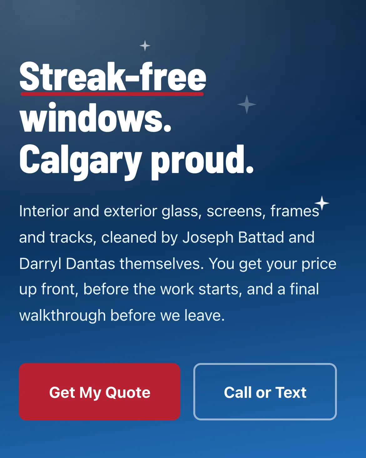 The YYC Window Cleaning homepage on a phone, Streak-free windows, Calgary proud, with Get My Quote and Call or Text